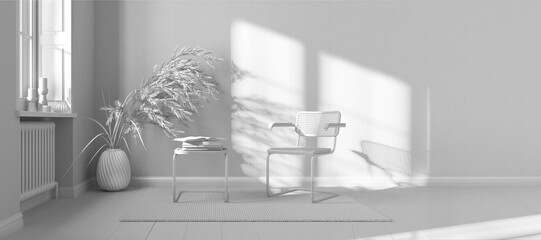 Total white project draft, panoramic view of modern waiting room. Rattan and steal armchairs, side table, carpet, window and decors. Striped wallpaper. Interior design concept
