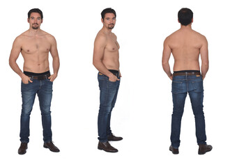 front side and back of same shirtless on white backgrouond