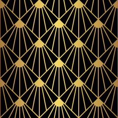 Art Deco fan pattern in gold and black. Luxury ornamental geometric decor. Interior design wallpaper. 