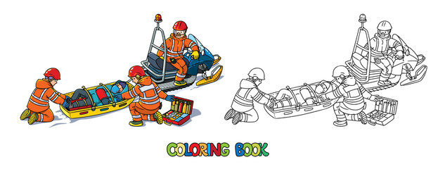 Rescuers, snowmobile and rescue sled Coloring book