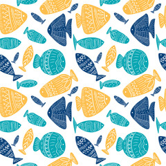 Pattern with images of cute fish. Vector illustration