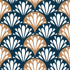 Art Deco fan pattern in blue and brown color. Ornamental geometric decor. Interior design wallpaper. 