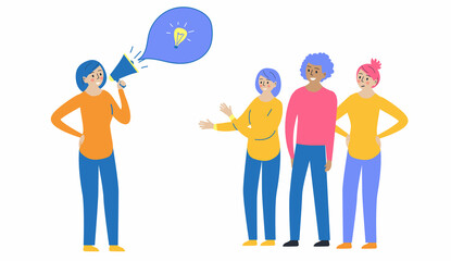 Woman manager with megaphone and Colleagues. Person teamwork motivation vector concept. Vector illustration for landing page, template, ui, web, business promotion, advertising, online alerting