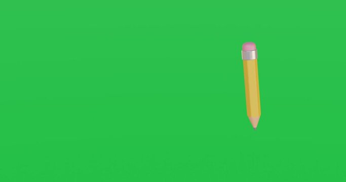 A simple pencil with an eraser rotates around its axis in the air. Yellow pencil with shadow on green screen chroma key. Stationery. Office, school supplies. 3D high-quality video. Loopy animation. 4k