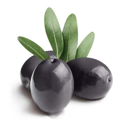 Delicious black olives with leaves, isolated on white background