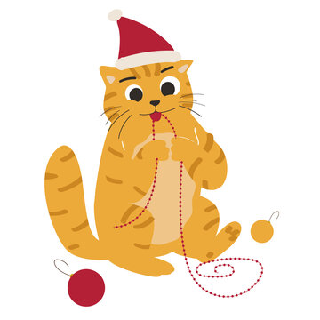 The Concept Of Pet Safety During The New Year's Holidays. Crazy Cat Chewing On The Garland.