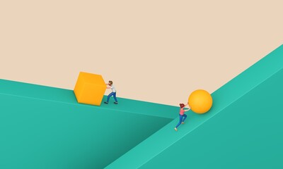 Fototapeta Work smarter not harder concept. pushing ball and cube up steep hill. 3D Rendering obraz