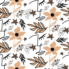 Abstract One Line Drawing Girl Faces Flowers Stars and Leaves Seamless Vector Pattern Isolated Background
