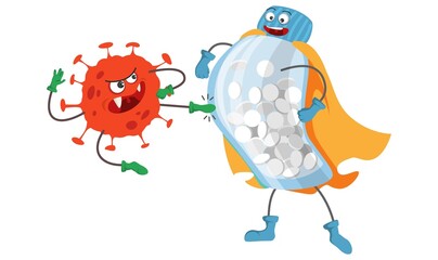 Strong pills bottle superhero against angry virus