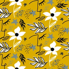 Keuken spatwand met foto Abstract One Line Drawing Girl Faces Flowers Stars and Leaves Seamless Vector Pattern Isolated Background © Didem