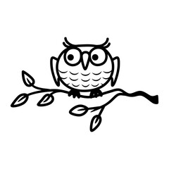 Owl on branch. Black outline of cartoon owl. Vector illustration.