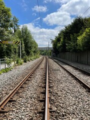 Empty tram tracks with trees and a blue sky background. Taken in Didsbury England. 