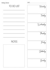 Minimalist planner size A4. Weekly planner template. Blank printable vertical notebook page with space for notes and goals. Business organizer page. Simple printable to do list. 