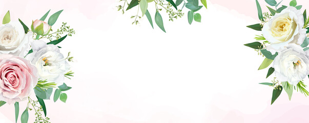 Elegant floral banner design with blush pink, neutral white, yellow rose flowers, seeded eucalyptus branches, greenery leaves bouquet. Watercolor style background. Wedding template vector illustration