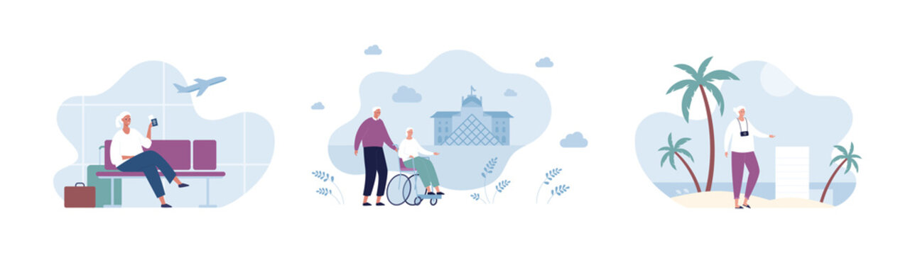 Travel for old people concept. Vector flat person illustration set. Couple of elder male and female on varios background. Airport departure zone. City museum. Beach with palm and hotel building.