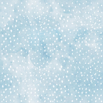 Watercolor Christmas seamless pattern with snow on blue watercolor background.
