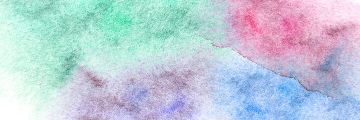 Watercolor texture background. Hand drawing horizontal art. Calligraphy backdrop banner. Aquarelle ground paper. Abstract multicolor wet image. Impression stain template