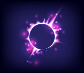 Fireworks model. Glowing circle. Sunshine, light , ray and sparking ring. Colorful tunnel. Bright border. Blue flame magic portal. Luminous electron and glint swirling. Solar eclipse. Pink neon light