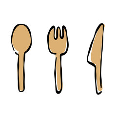 木製スプーン・フォーク・ナイフ　手描きイラスト素材セット