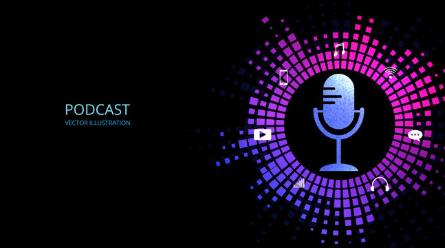 Podcast vector design concept.Podcast logo, Microphone icon on black background.