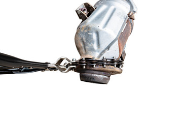 Large car catalytic converter with pipe shears, isolated on a white background with a clipping path.