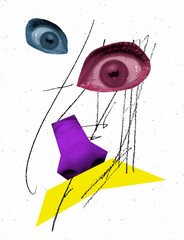 Contemporary art collage. Surreal artwork with human eyes and nose isolated over white background. Shocked look