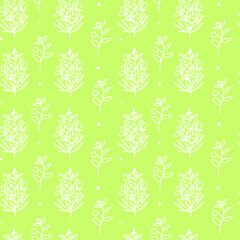 Vector seamless floral pattern in white line on lime background.Repeating botanical print in a minimalist style in bright modern colors.Designs for textiles,wallpaper,fabric,wrapping paper,packaging.