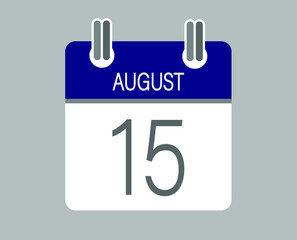 Day 15 august. Blue calendar for days of the month in august. Calendar page template.