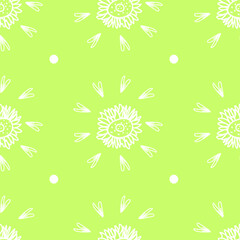 Vector seamless floral pattern in white line on lime background.Repeating botanical print in a minimalist style in bright modern colors.Designs for textiles,wallpaper,fabric,wrapping paper,packaging.