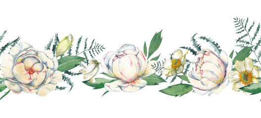 Seamless border of white peony and anemone flowers with buds, grass and leaves. Delicate floral romantic arrangement. Watercolor hand painted isolated illustration on white background.