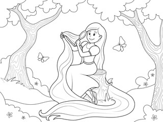 Girl with long hair in the forest. Rapunzel combs her hair. Children coloring book, vector.