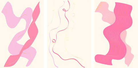 Minimal Line art Fluid shapes abstract contemporary vector illustration set with pink and gold