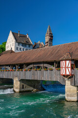 The medieval wooden bridge over Reuss river in Bremgarten is very known and was build 1281. Rebuild...