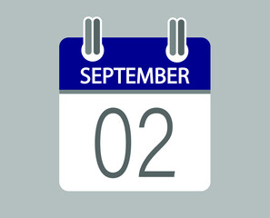 Day 2 september. Blue calendar for days of the month in september. Calendar page template.