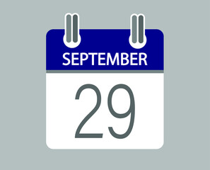 Day 29 september. Blue calendar for days of the month in september. Calendar page template.