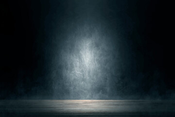 Empty wooden table with smoke floating up on the dark background, perspective wooden floor shelf...