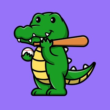 Cute Crocodile Baseball Cartoon Vector Icon Illustration. Animal Sport Icon Concept Isolated Premium Vector.