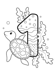 Coloring page - Numbers. Education and fun for childrens. Printable worksheet -1 one with a turtle.