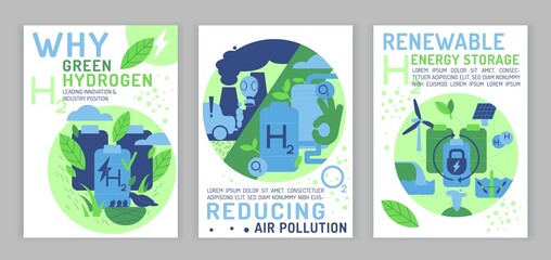 Why green hydrogen. Vertical posters set. Vector illustration