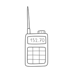Doodle walkie-talkie, a device for remote communication. Radio station. Equipment for hiking, tourism, travel, vacation, car rally. Outline black and white vector illustration isolated on white. © Валерия Соловьева