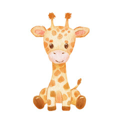 Cute portraits giraffe in cartoon style. Drawing african baby wild animal isolated on white background. Jungle animal is sitting © Elena