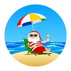 Santa lie on sun lounger and drinking juice. Vector illustration.