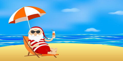 Santa resting under parasol and drinking juice. Vector illustration. © Vector DSGNR