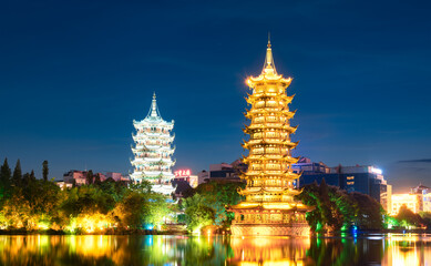 Sun and Moon Twin Towers Cultural Park in Guilin, Guangxi, China