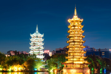 Fototapeta premium Sun and Moon Twin Towers Cultural Park in Guilin, Guangxi, China