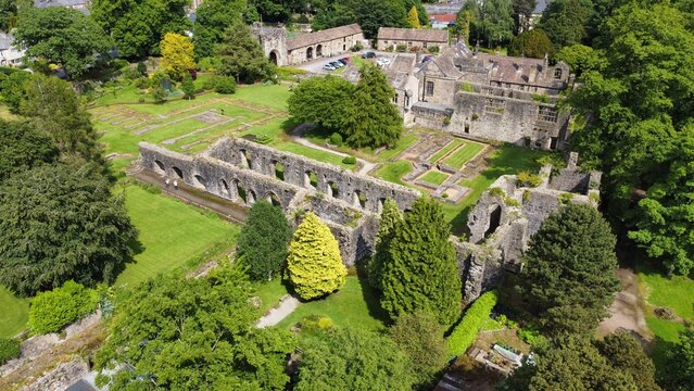 Drone image looking down onto Whalley Abbey in Lancashire England. 