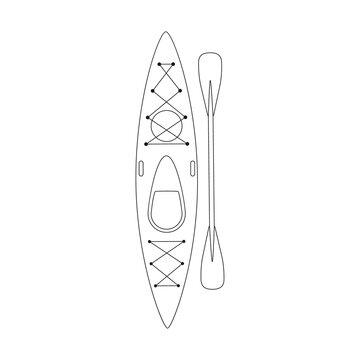 recommend clip art: Doodle plastic kayak with a paddle. Rowing boat for fishing, tourism, travel, active water sports. Top view. Outline black and white vector illustration isolated on a white background.