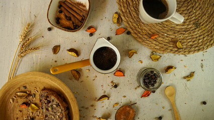 fresh morning black turkish arabic coffee cezva homemade fresh healthy bread with seeds rustic farmhouse style vintage