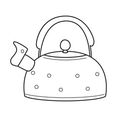 Doodle Red polka dot teapot with lid and whistle. Kitchen equipment, utensils for camping, picnic, cooking on gas or fire. Outline black and white vector illustration isolated on a white background.