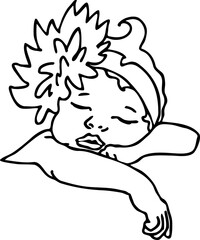 New born sweet baby face emotions. Little girl with big flower on the head sleeping and smiling. Hand drawn character vector illustration. Retro vintage comic cartoon line style drawing.